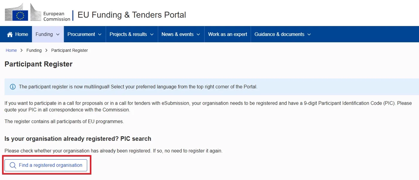Stranica Participant Register – gumb "Find a registered organisation"