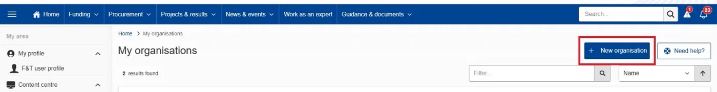 My Organisations – gumb "New organisation"