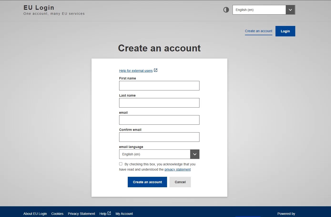 Obrazac za izradu EU Login računa