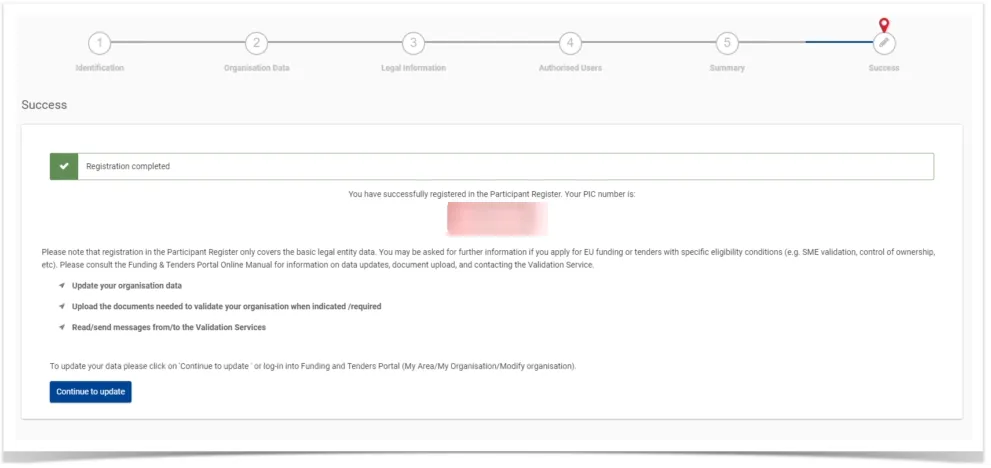 Poruka "Registration completed" s dodijeljenim PIC brojem